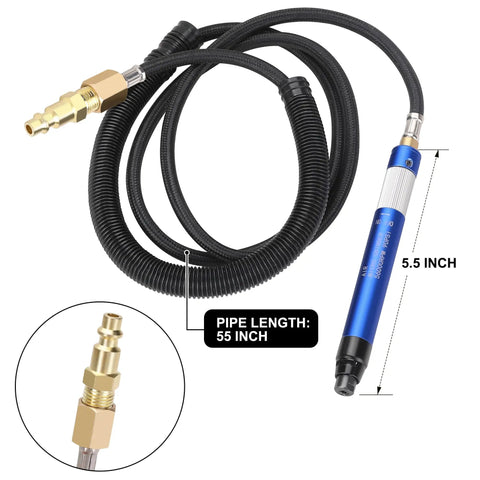 Professional Grade Heavy Duty 1/8 Inch Pneumatic Air Die Grinder Kit With 55 Foot Flex Hose, 56000 RPM Speed Control rotary tool with black hose.