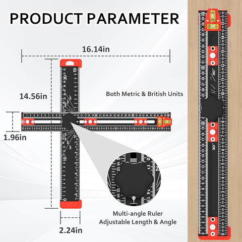 4 In 1 Drilling Positioning Jig With 14 Inch Adjustable T Square Ruler Multifunction Cabinet Hardware Jig With Measurement Details
