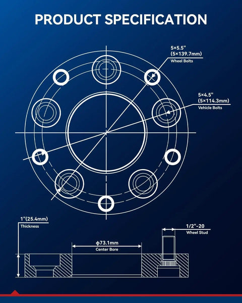 One Inch Thick Wheel Adapters Lug Centric Bolt Pattern Converter For 5x4.5 To 5x5.5 Hub Setup detailed specs diagram.