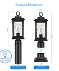 Sweet Outdoor Dusk To Dawn Post Light With Pier Mount Base, black aluminum lamp dimensions and E26 socket details shown.