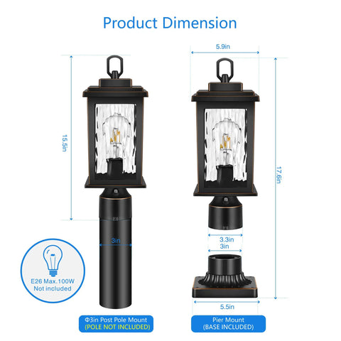 Sweet Outdoor Dusk To Dawn Post Light With Pier Mount Base, black aluminum lamp dimensions and E26 socket details shown.