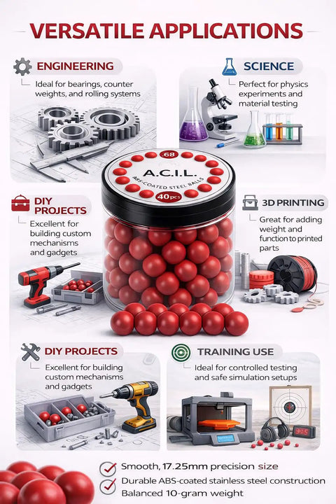 ABS Coated Steel Balls Set 17.25mm Red 10g Core With Nylon Steel Build, 0.68 Inch Precision Spheres, 40 Pack For Bearings, Hobby Machining, And High Durability In Tough DIY Projects in jar, engineering and 3D printing use