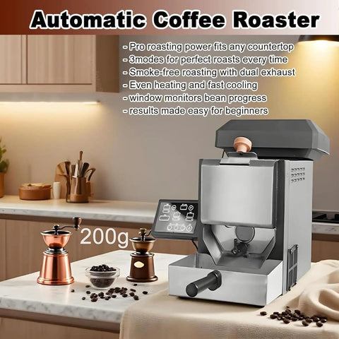 Smokeless Electric Coffee Bean Roaster For Home And Office, Portable 200G Compact Brew Station With Digital Display on countertop.