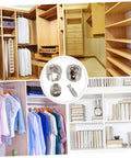 Heavy Duty Eccentric Cabinet Connectors And Screw In Dowel Pins Dead Nuts secure to lock furniture down, shown with shelving and blouses.