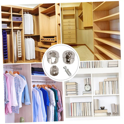 Heavy Duty Eccentric Cabinet Connectors And Screw In Dowel Pins Dead Nuts secure to lock furniture down, shown with shelving and blouses.