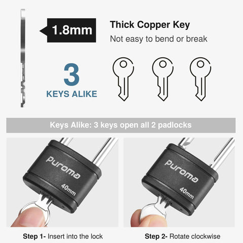 2 Pack Keyed Padlocks With 3 Keys Each 2.5 Inch Locker Locks showing copper key design and insertion steps