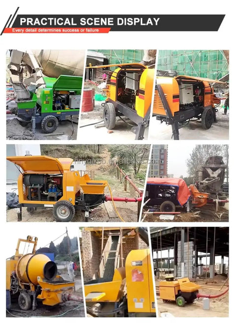 Compact Mini Concrete Mixer And Pump Combo Real Deal Job Site Grinder Portable Cement Mixing Rig For Home Reno Rural Build Outs in use at construction sites.