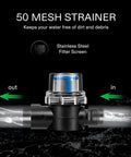 50 mesh strainer with stainless steel filter screen, integrated with water pressure pump, indicating in and out water flow.