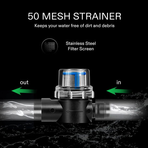 50 mesh strainer with stainless steel filter screen, integrated with water pressure pump, indicating in and out water flow.