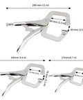 3 Piece Heavy Duty C Clamp Locking Pliers Set with Swivel Pads, showing sizes 6, 9, and 11 inch for woodworking and metalworking
