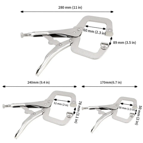 3 Piece Heavy Duty C Clamp Locking Pliers Set with Swivel Pads, showing sizes 6, 9, and 11 inch for woodworking and metalworking
