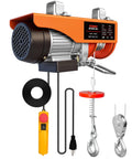 Beefy 1320 Lb Electric Hoist Winch 110V With Remote Control, visible motor, hooks, cable, and remote design, for garage or factory use.