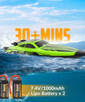 Brushless RC Boat For Adults With Dual Rechargeable Batteries, High Speed Remote Control Boat Reaching 30 Plus MPH On Lakes, 30+ Minutes Of Proportional Control, Green 79705 on water with two visible batteries