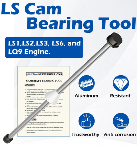 Cam bearing installation tool for LS engines; silver aluminum rod with black end caps and instructions