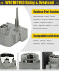 Close-up of Refrigerator Start Relay and Run Capacitor Kit TSD2 W10662129 Replacement, highlighting W10189190 component.