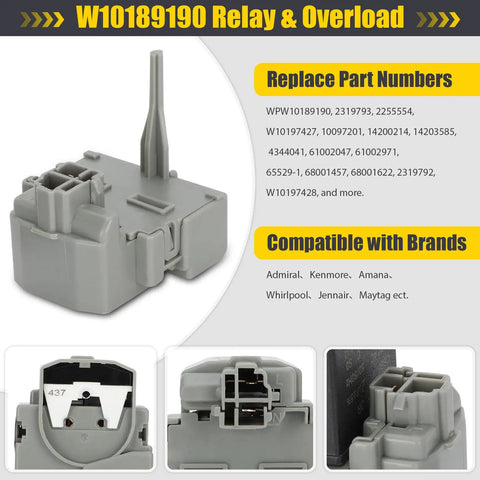 Close-up of Refrigerator Start Relay and Run Capacitor Kit TSD2 W10662129 Replacement, highlighting W10189190 component.