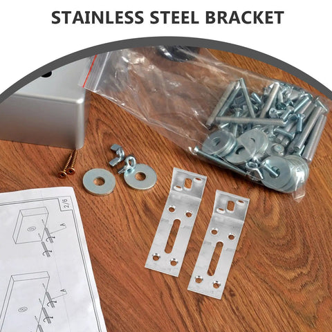 Six Pack Stainless Steel L Shaped Shelf Brackets with slotted holes and screws on wooden surface for DIY projects