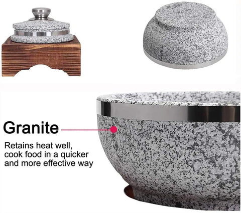 Heavy Duty Korean Granite Stone Bowl With Lid And Wood Base For Rice Cooker Meals, 14cm Diameter, granite material detail