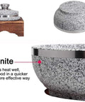 Granite Stone Bowl With Lid For Korean Style Cooking, Heavy Duty Stone Pot With Wood Base, 14 cm Diameter, close-up view