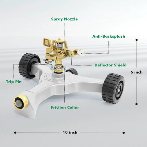 Heavy Duty Full Metal Pulsating Sprinkler With Wheeled Base, 360 Degree Rotating Impact Sprinkler For Big Yards, zinc alloy head