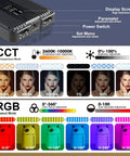 Pro-Grade Pocket RGB LED Video Light with 7200mAh Battery showing color temperature and RGB gamut settings