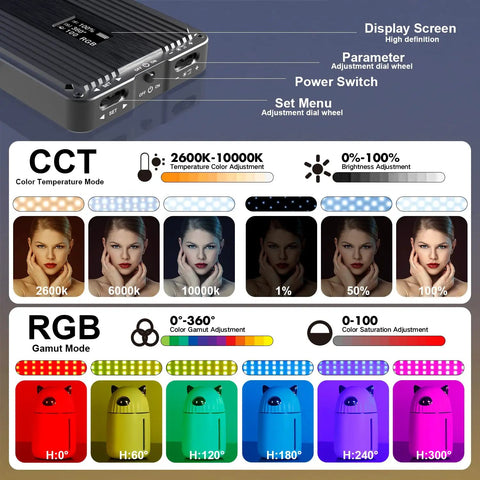 Pro-Grade Pocket RGB LED Video Light with 7200mAh Battery showing color temperature and RGB gamut settings
