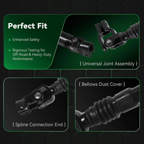 Lower steering shaft with U-joint coupling; shows spline end and bellows dust cover in a joint assembly view.