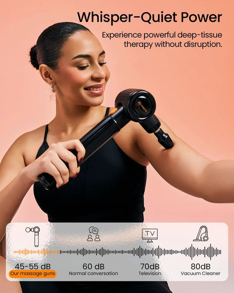 Woman using Deep Tissue Massage Gun With Heat And Cold Therapy, Extension Handle, Three Adjustable Angles, Six Heads