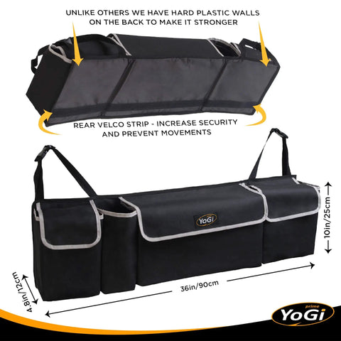 Durable Hanging Trunk Organizer for SUV With Four Pockets Waterproof Backseat Storage Solution Easy Install And Versatile Car Cargo Organizer That Keeps Trunk Neat And ClutterFree, black, with straps and logo, shown from side and top view.