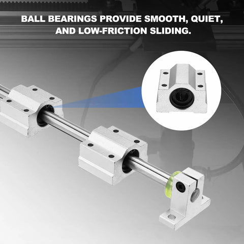 10mm By 600mm Linear Motion Rod Shaft Guide Kit With SC10UU Bearings And SK10 Rail Supports For DIY 3D Printer And CNC Machines, Hard Chrome Plated Rails For Ultra Smooth And Precise Movement Rock Solid Built To Last showing detail of SC10UU bearings and SK10 rail supports on a chrome shaft