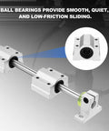 Close-up of Beefy 10mm By 650mm Linear Motion Rod Guide Kit with 2 SC10UU Ball Bearings and SK10 Aluminum Rail Supports.