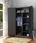 Open lockable steel storage cabinet 72 inch with locking door, showing shelves and hanging rods, in a room with window view