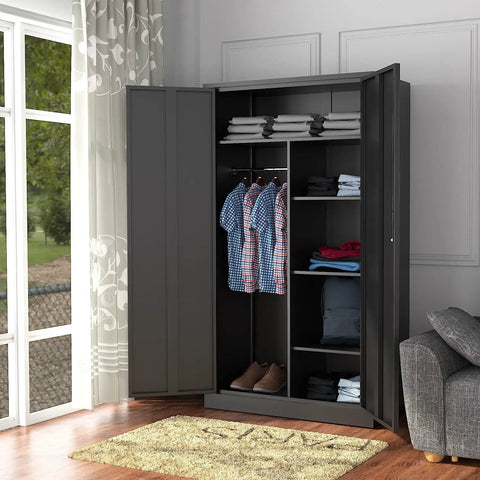 Open lockable steel storage cabinet 72 inch with locking door, showing shelves and hanging rods, in a room with window view
