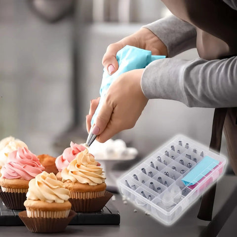 Person decorating cupcakes using All In One Cake Decorating Kit 38 Piece Set With 32 Piping Tips Quick Change Couplers Reusable Silicone Bags
