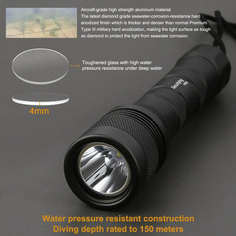 Waterproof Scuba Diving Flashlight With 1050 Lumens, IPX8, 9-degree beam, durable aluminum body, 150m depth rated for night diving