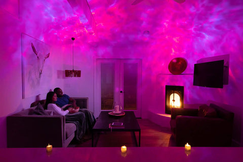 Sky Lite Evolve LED Galaxy Cloud Projector With Wi Fi Ambient Night Light creates galaxy effect in cozy living room.