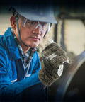 Worker wearing Level 5 Cut Resistant Work Gloves For Gardening And Tough Jobs, Aramid And HPPE Safety Gloves With Cow Split Leather