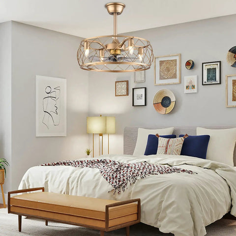 Dope Industrial 20 Inch Ceiling Fan With Light And Remote, Gold Cage Fixture, in modern farmhouse bedroom.