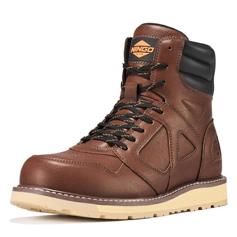 Men's Steel Toe Work Boots With Side Zipper, Water Resistant And Slip Resistant Safety Shoes, brown leather with sturdy sole