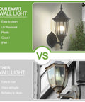 Comparison of weatherproof outdoor wall lanterns, matte black plastic vs rusted glass for exterior wall use near garage or house