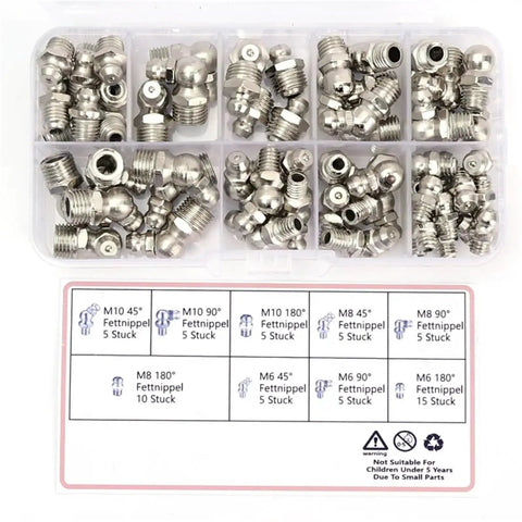 Solid 60 Piece Metric Grease Fitting Kit With Nine Types Of Galvanized Metal Hydraulic Zerk Assortment Set For M6 M8 M10 Sizes Featuring Rock Spring Check Valve Built In Anti Leakage One Way Design Perfect For Heavy Duty Auto Repair Shop Jobs And Keeping. 60pc case view
