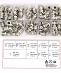 Grab This Awesome 60 Piece Metric Grease Fitting Kit With Nine Types Of Galvanized Zerk Nipples For Hydraulic Stuff Featuring M6 M8 And M10 Sizes Plus One Way Spring Sealing Mechanism For Super Smooth Lube Flow Every Time Without Any Leaks On Your Ride., galvanized metal grease fitting kit in assorted M6 M8 M10 zerk nipples