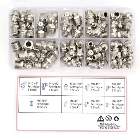 Grab This Awesome 60 Piece Metric Grease Fitting Kit With Nine Types Of Galvanized Zerk Nipples For Hydraulic Stuff Featuring M6 M8 And M10 Sizes Plus One Way Spring Sealing Mechanism For Super Smooth Lube Flow Every Time Without Any Leaks On Your Ride., galvanized metal grease fitting kit in assorted M6 M8 M10 zerk nipples