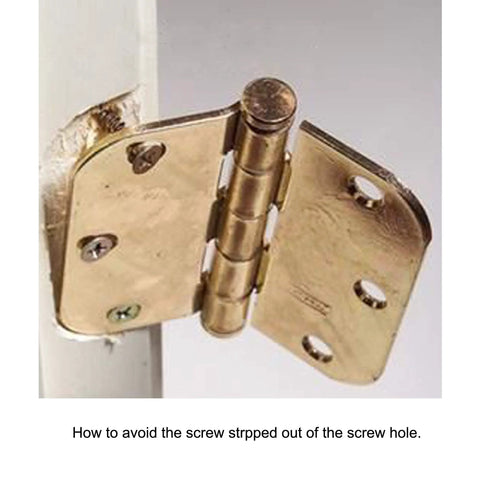 Brass cabinet hinge with loose screws showing wear on composite wood