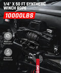 Heavy Duty Synthetic Winch Rope One Quarter Inch By 50 Foot With 10000 Lbs Break Strength mounted on off-road vehicle