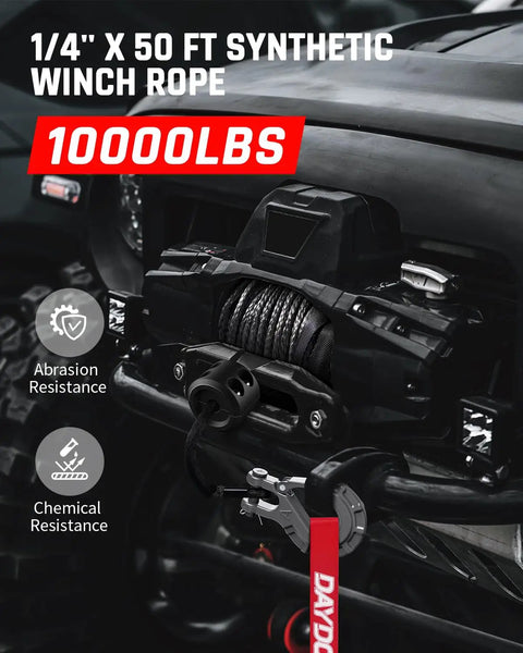 Heavy Duty Synthetic Winch Rope One Quarter Inch By 50 Foot With 10000 Lbs Break Strength mounted on off-road vehicle