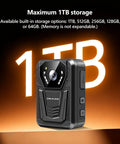 Heavy Duty 4K Body Camera With All Day Battery Life And True Black Night Vision, 128G Micro SD Card For Law Enforcement And Patrol Duties Crystal Clear Audio Video Wide Angle Loop Recording Setup, showing 1TB storage capacity.