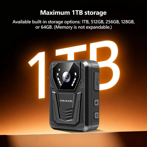 Heavy Duty 4K Body Camera With All Day Battery Life And True Black Night Vision, 128G Micro SD Card For Law Enforcement And Patrol Duties Crystal Clear Audio Video Wide Angle Loop Recording Setup, showing 1TB storage capacity.