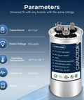 Heavy Duty Dual Run AC Capacitor 45/7.5 MFD 370V 440V Round CBB65 Style, parameters and specifications shown