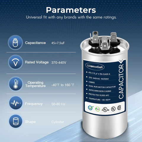 Heavy Duty Dual Run AC Capacitor 45/7.5 MFD 370V 440V Round CBB65 Style, parameters and specifications shown